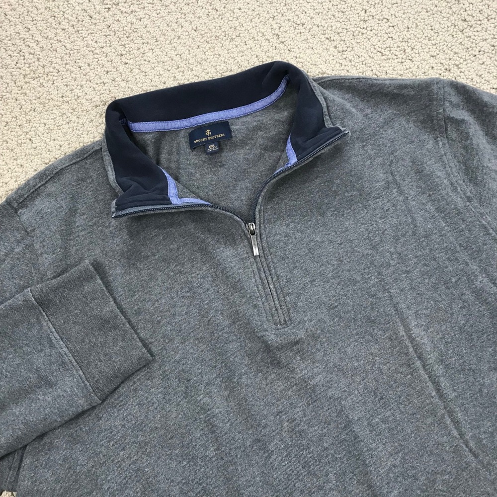 Brooks Brothers Mens XXL Gray 100% Cotton Quarter Zip Pullover Sweater Logo